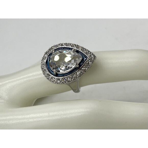 Kenneth Jay Lane Pear Shaped Cubic Zirconia Blue Enamel Cocktail Ring Sz 6 - Picture 5 of 12